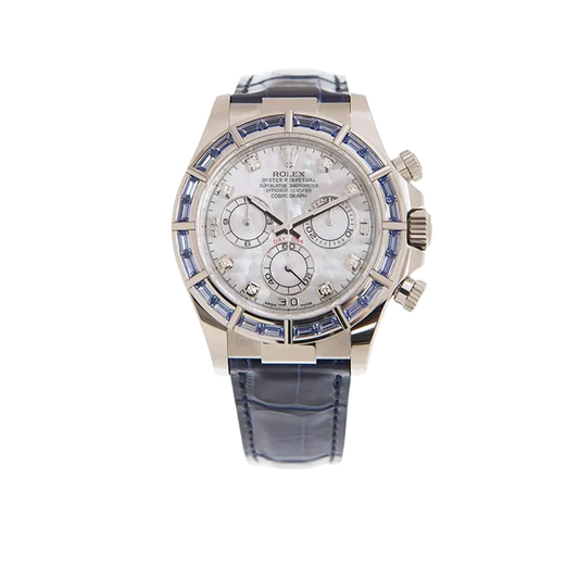 Cosmograph Daytona 40mm 116589SACI White Gold Blue Sapphire Bezel White Mother of Pearl Diamond Dial