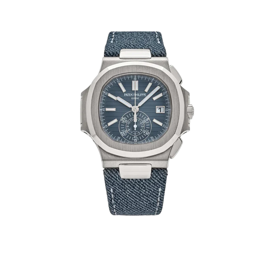 Nautilus 40mm 5980/60G-001 Flyback Chronograph White Gold Blue Dial Denim Strap