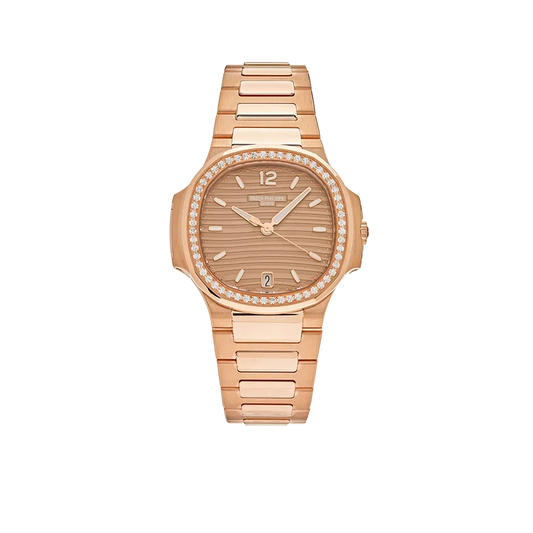 Nautilus Ladies 35mm 7118/1200R-010 Rose Gold Golden Dial Diamond Bezel