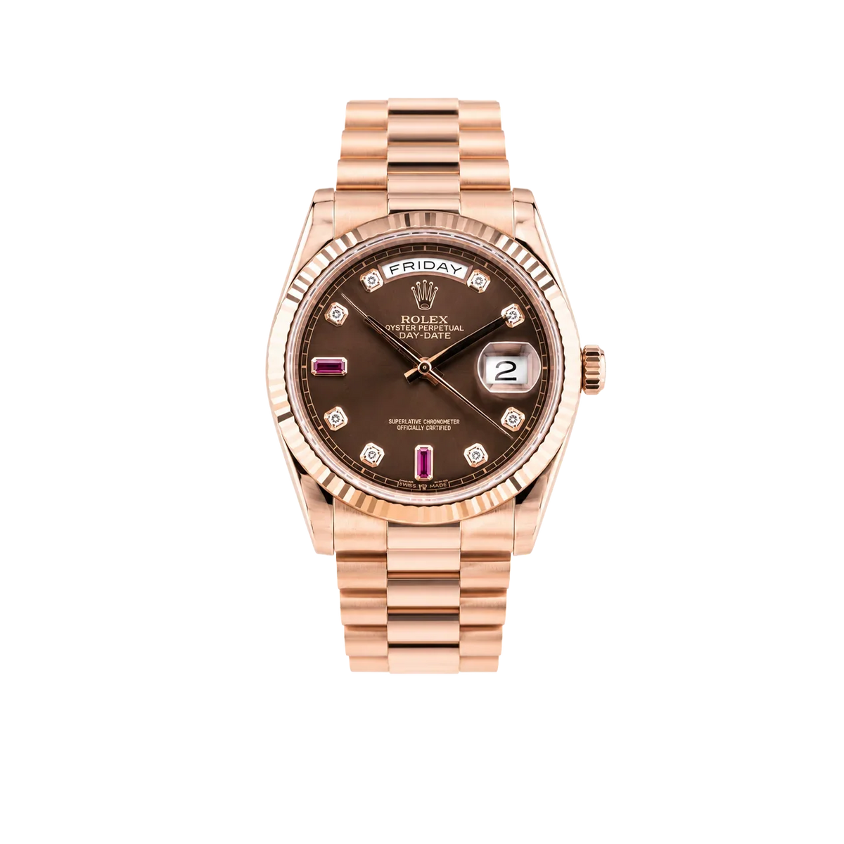 Day-Date 36mm Rose Gold 18K Chocolate Dial Ruby Diamond 118235