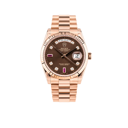 Day-Date 36mm Rose Gold 18K Chocolate Dial Ruby Diamond 118235