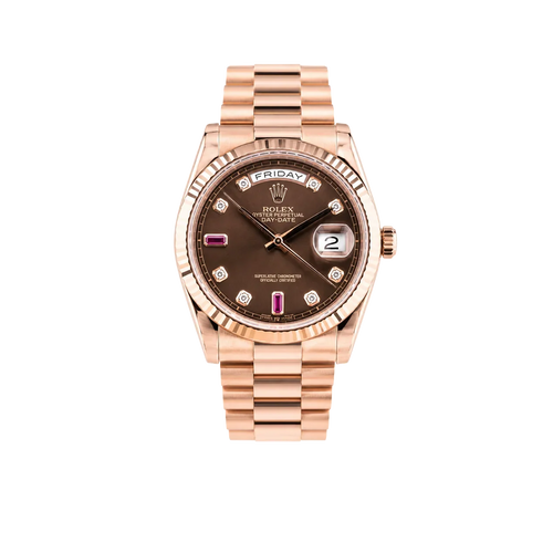 Day-Date 36mm Rose Gold 18K Chocolate Dial Ruby Diamond 118235