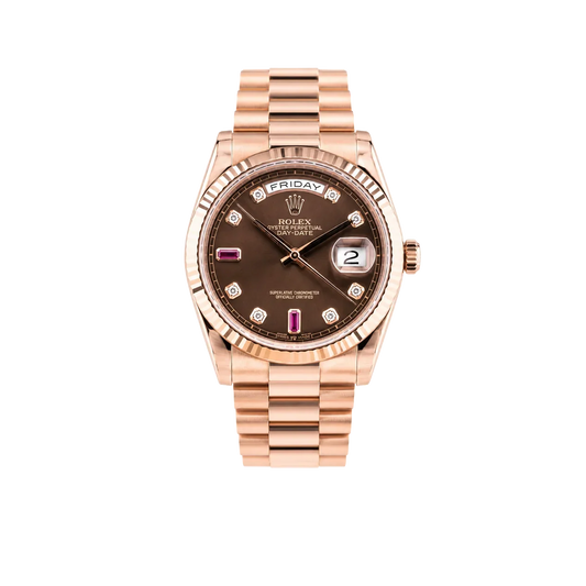 Day-Date 36mm Rose Gold 18K Chocolate Dial Ruby Diamond 118235