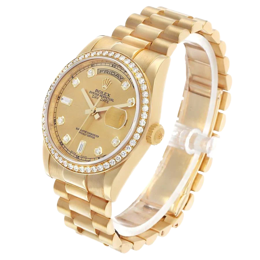 President Day-Date 36mm Yellow Gold Diamond Bezel Mens Watch 118348