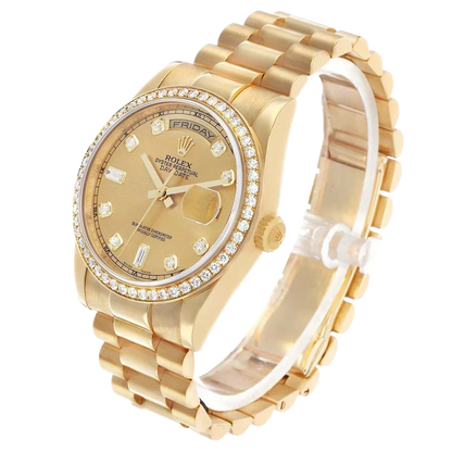 President Day-Date 36mm Yellow Gold Diamond Bezel Mens Watch 118348
