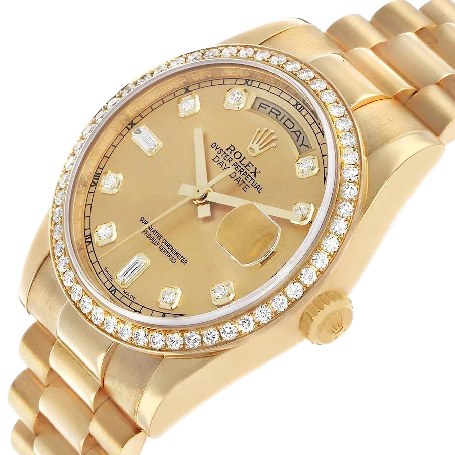 President Day-Date 36mm Yellow Gold Diamond Bezel Mens Watch 118348